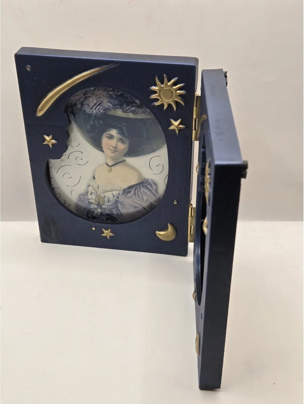 Vintage 90s Celestial Double Picture Frame Blue Gold Sun Moon Star Whimgisoth